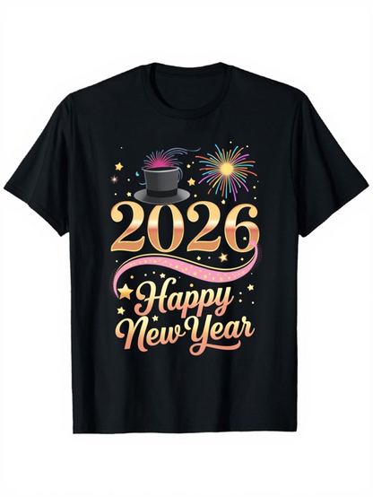 Men's Graphic T-Shirt Happy New Year Festive Fireworks Stars Hat 2026