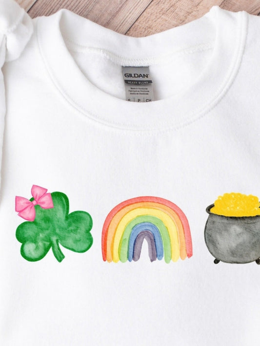 Women's Graphic T-Shirt Pink Bowed Shamrock Rainbow And Golden Pot Illustration