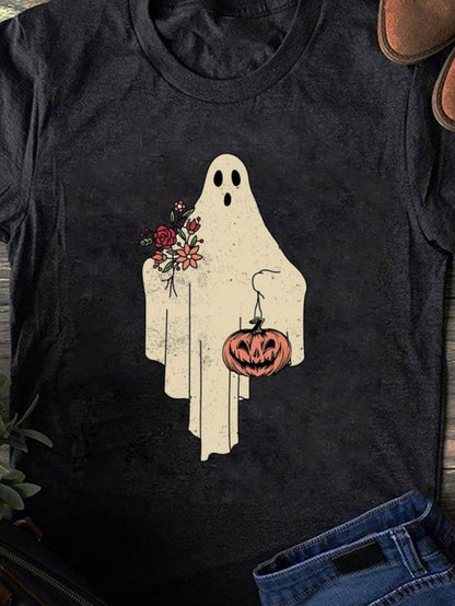 Men's Graphic T-Shirt Vintage Haunted Spirit Holding Pumpkin Lantern With Flowers Ghost