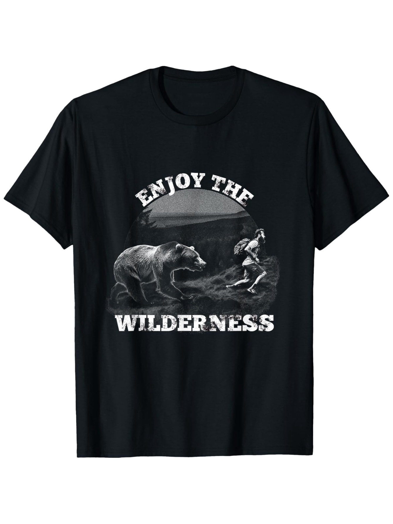 Men's Graphic T-Shirt Enjoy The Wilderness With Bear Moonlight Forest And Running Hiker