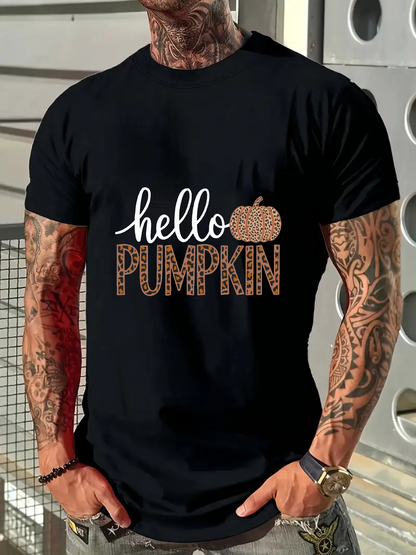 Men's Graphic T-Shirt Hello Pumpkin Cheerful Autumn Theme With Glittering Orange Pumpkin