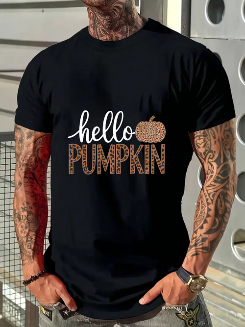 Men's Graphic T-Shirt Hello Pumpkin Cheerful Autumn Theme With Glittering Orange Pumpkin