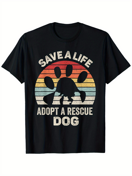 Men's Graphic T-Shirt Save A Life With Retro Sunset Paw Print And Silhouette Dog