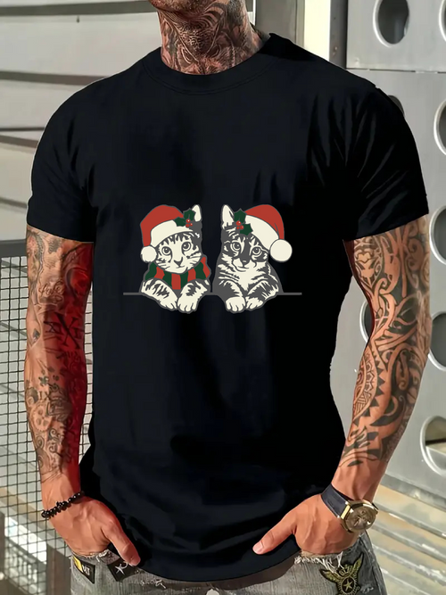 Men's Graphic T-Shirt Festive Holiday Mood With Santa Hats And Playful Kitten Duo