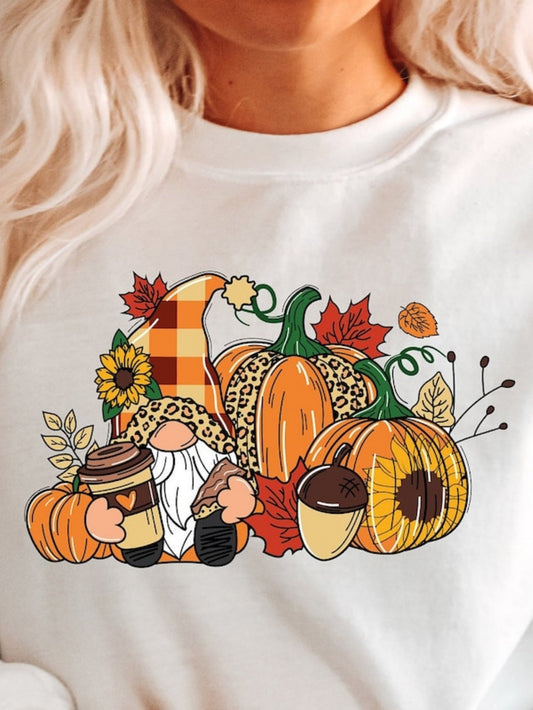 Women's Graphic T-Shirt Cozy Autumn Gathering With Gnomes Coffee Pumpkins Sunflower And Falling Leaves