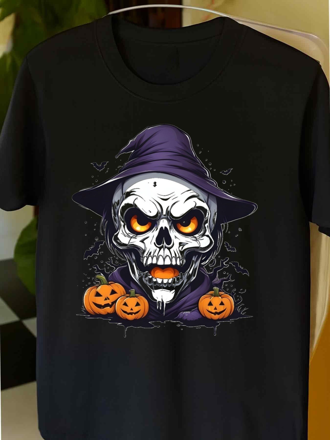 Men's Graphic T-Shirt Halloween Night With Glowing Pumpkins And Enchanted Skull Wizard