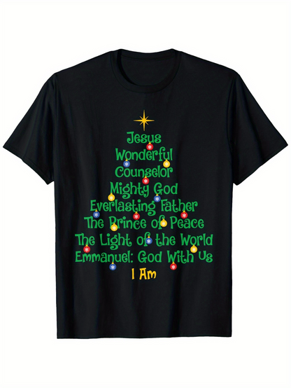 Men's Graphic T-Shirt Jesus Words Forming Christmas Tree With Glowing Star And Festive Lights