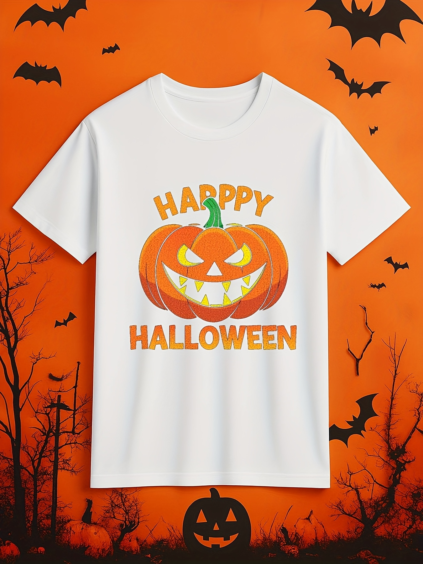 Men's Graphic T-Shirt Happy Halloween Carved Pumpkin With Glowing Smile And Festive Autumn Leaves Pumpkin