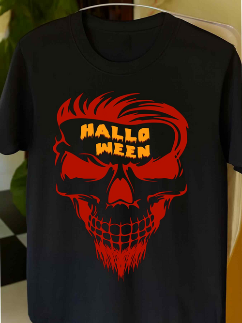 Men's Graphic T-Shirt Halloween Lettering With Bold Red Skull Graphic