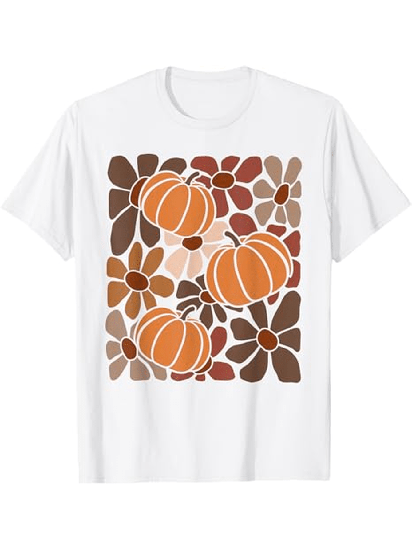 Men's Graphic T-Shirt Autumn Floral Pattern With Blooming Flowers Around Three Pumpkins
