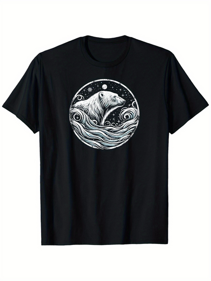Men's Graphic T-Shirt Mystical Ocean Waves With Flowing Water Surrounding A Curious Polar Bear