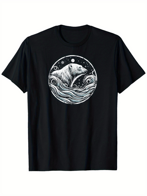 Men's Graphic T-Shirt Mystical Ocean Waves With Flowing Water Surrounding A Curious Polar Bear