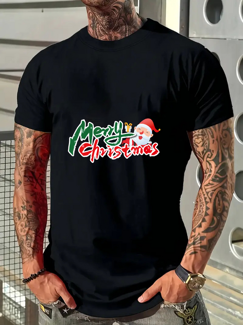Men's Graphic T-Shirt Merry Christmas With Santa Claus Hat Surrounded By Festive Holiday Cheer