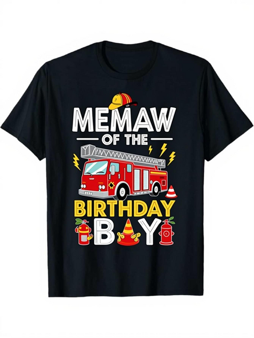Men's Graphic T-Shirt Memaw Of The Birthday Boy Red Fire Truck With Yellow Lightning And Fire Hydrant