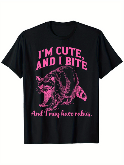 Men's Graphic T-Shirt Im Cute And I Bite Pink Hand Drawn Raccoon With Playful Mood Animal