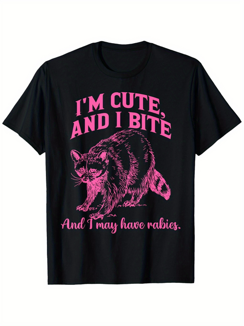 Men's Graphic T-Shirt Im Cute And I Bite Pink Hand Drawn Raccoon With Playful Mood Animal