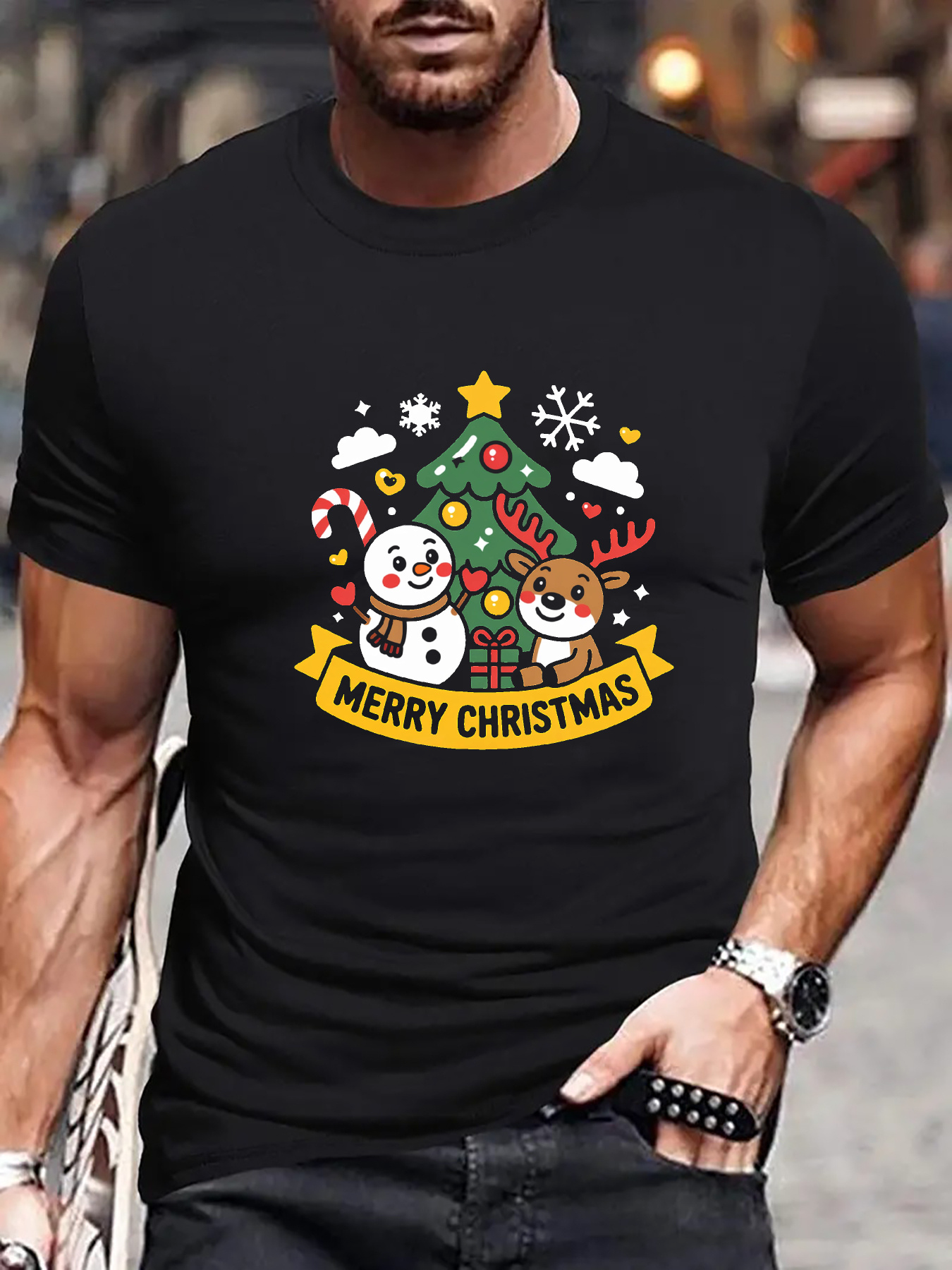 Men's Graphic T-Shirt Merry Christmas Cheerful Snowman And Reindeer Beside Decorated Pine Tree