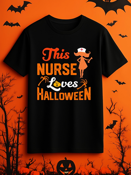 Men's Graphic T-Shirt This Nurse Loves Halloween With Cute Witch Hat Among Bats And Pumpkins Nurse