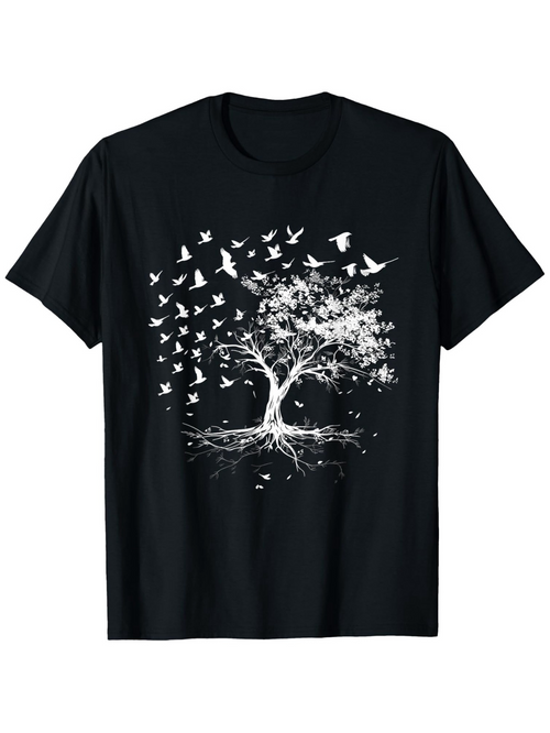 Men's Graphic T-Shirt Monochrome Roots With Flying Birds And Spreading Branches Tree