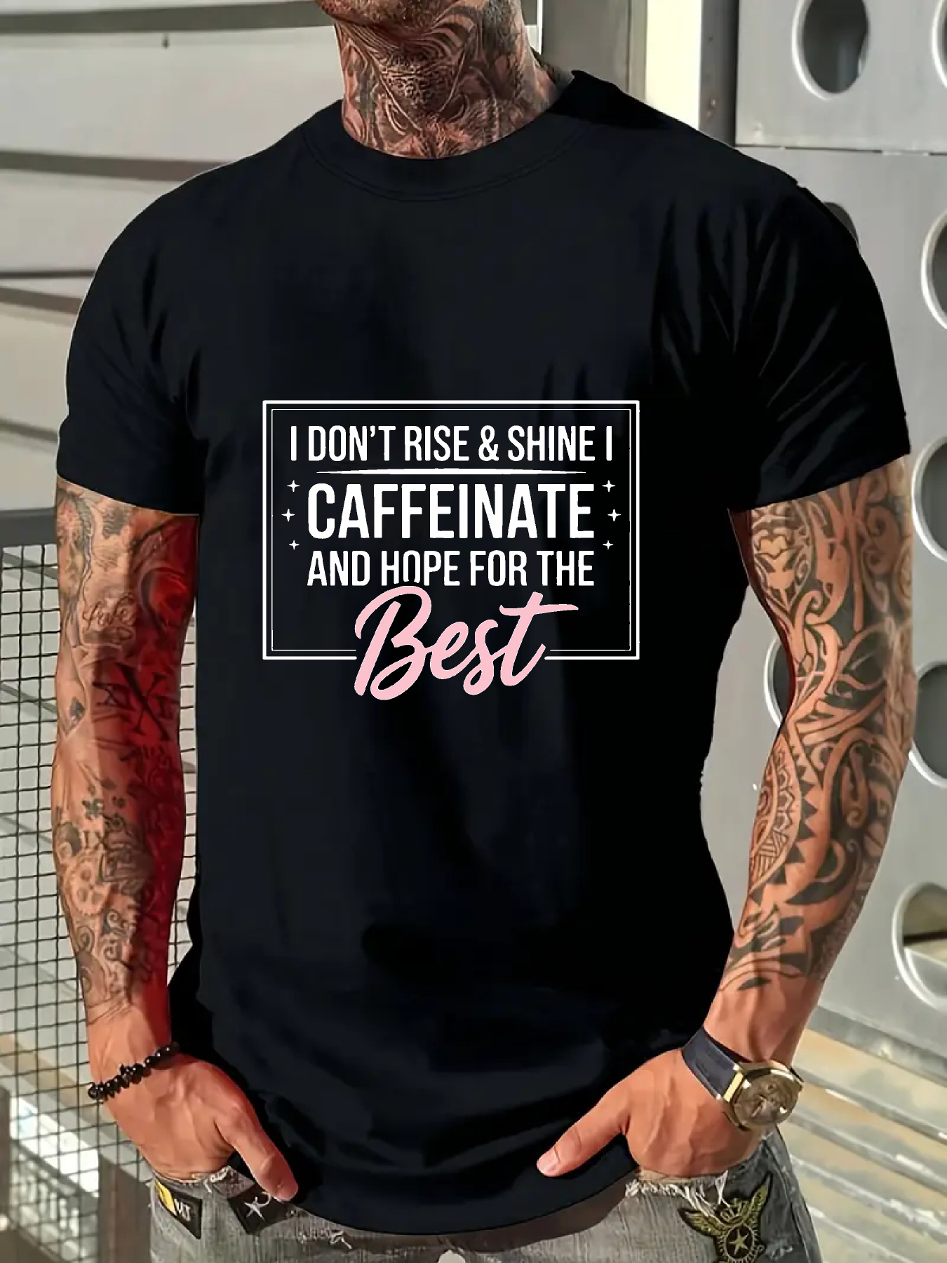 Men's Graphic T-Shirt I Dont Rise And Shine Caffeinate And Hope For The Best Statement Tee