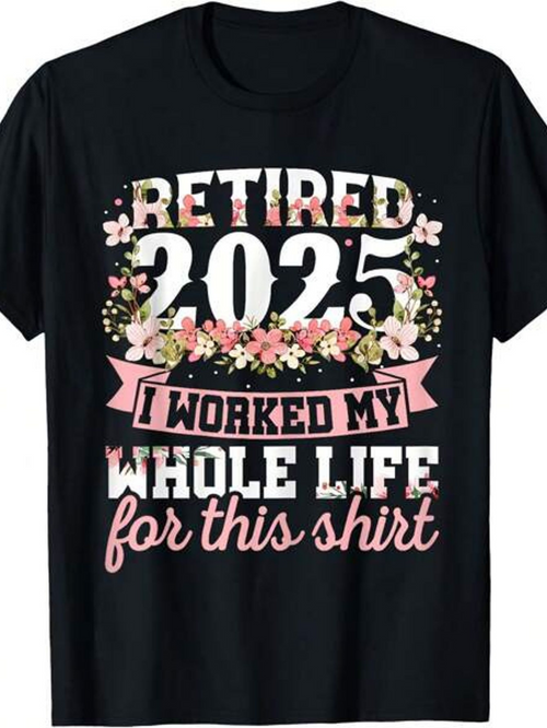 Men's Graphic T-Shirt Retired 2025 With Floral Accents Surrounding Lettering On A Black Shirt