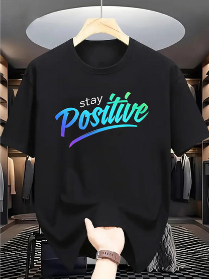 Men's Graphic T-Shirt Stay Positive Colorful Lettering With Blue And Green Artistic Cursive Word