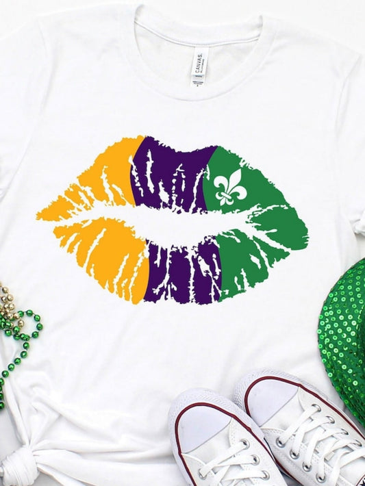 Women's Graphic T-Shirt Colorful Mardi Gras Palette With Bold Kiss Print Lips