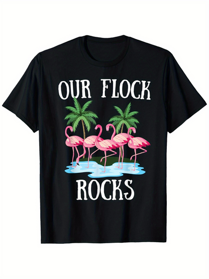 Men's Graphic T-Shirt Our Flock Rocks Pink Flamingos By Palm Trees On Water
