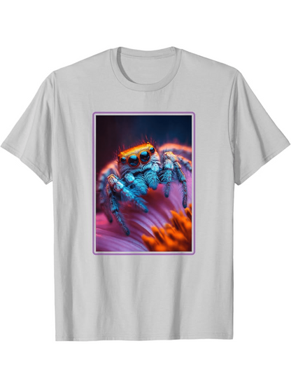 Men's Graphic T-Shirt Colorful Macro Patterns On Pink Petals Surrounding Vibrant Jumping Spider