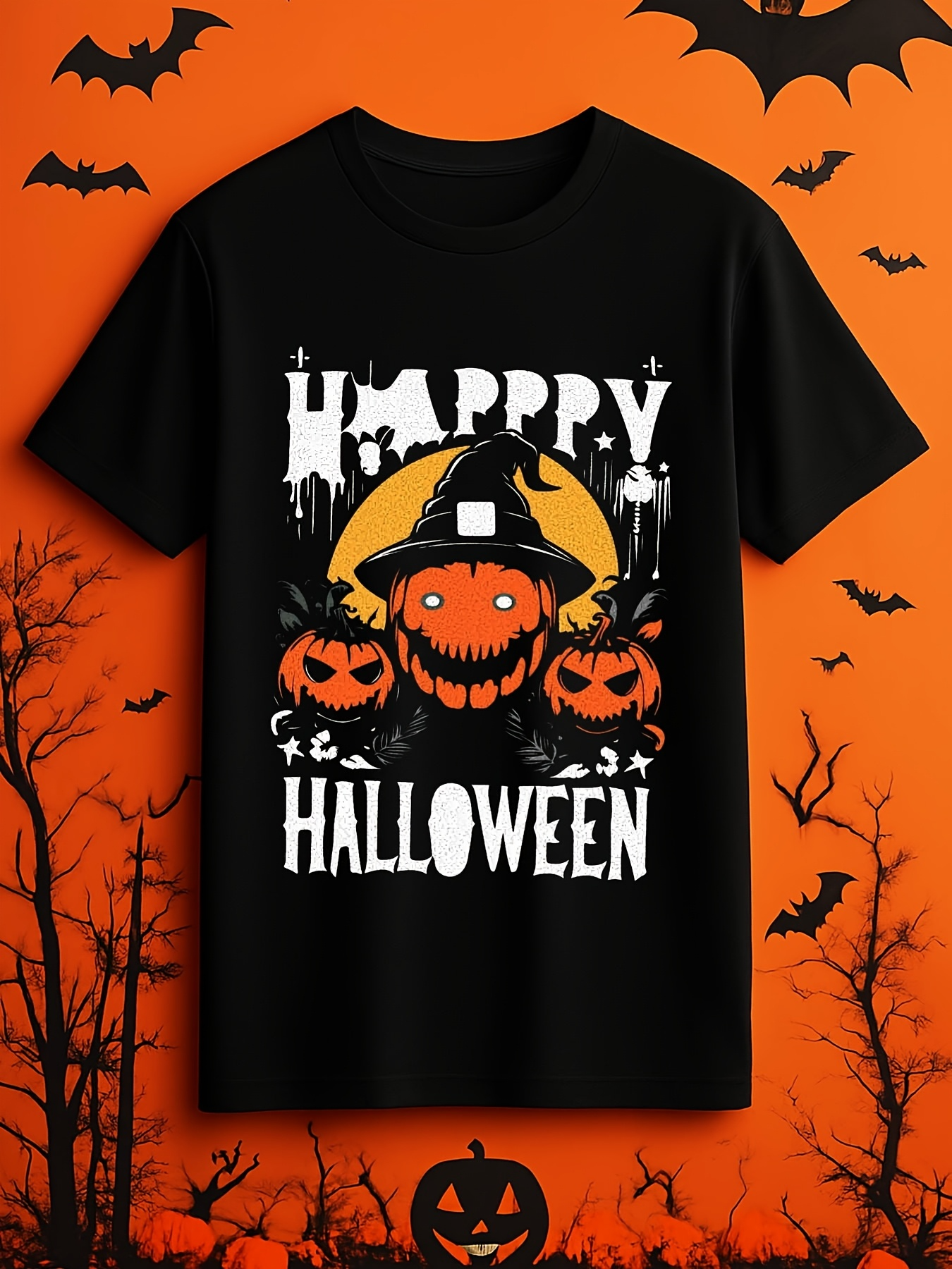 Men's Graphic T-Shirt Happy Halloween Creepy Smiling Pumpkins With Witches Hat Under Moonlight