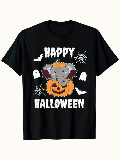 Men's Graphic T-Shirt Happy Halloween Cute Elephant With Pumpkin Bats And Spider Webs