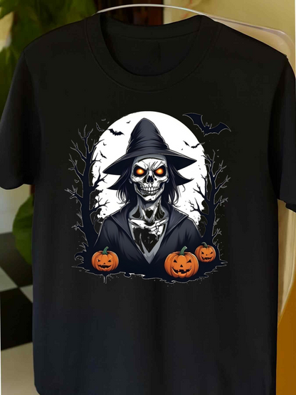 Men's Graphic T-Shirt Haunted Night With Pumpkins Surrounding A Creepy Skeleton Witch