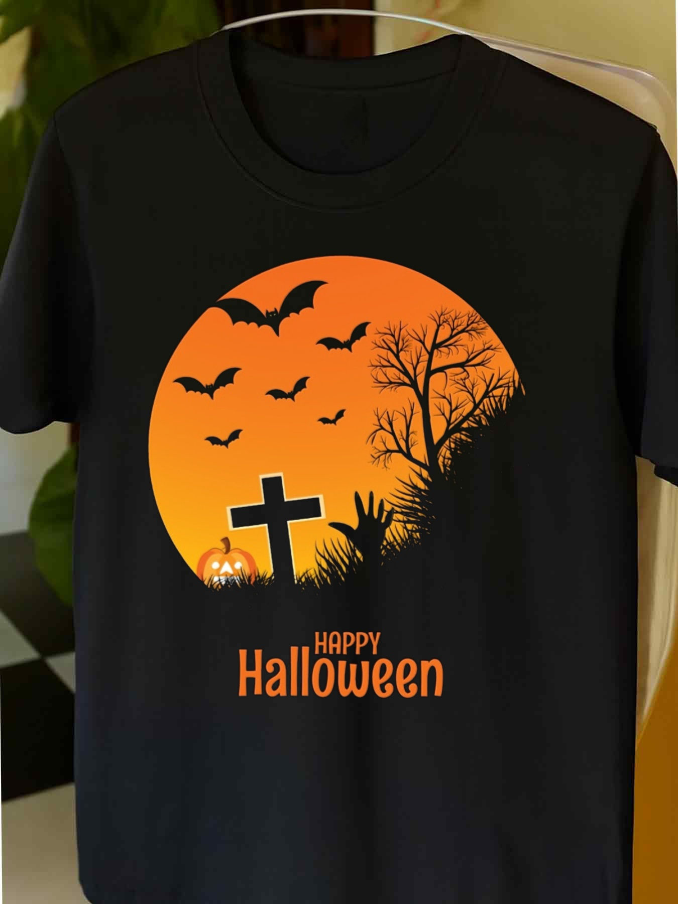 Men's Graphic T-Shirt Happy Halloween Spooky Graveyard Scene With Bats Rising Moon And Bare Trees