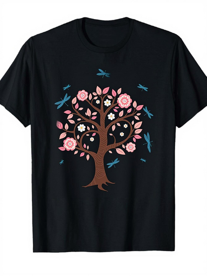 Men's Graphic T-Shirt Chirping Bluebirds Among Blossoming Pink Spring Tree