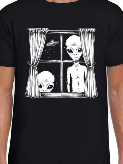 Men's Graphic T-Shirt Night Sky Spaceship With Aliens Staring Through Window Scene
