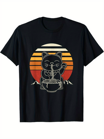 Men's Graphic T-Shirt Retro Sunset With Lucky Cat Enjoying Hot Ramen Bowl