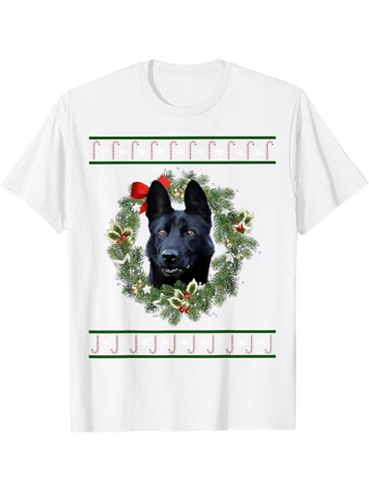 Men's Graphic T-Shirt Holiday Wreath With Red Bow Featuring Black German Shepherd Dog