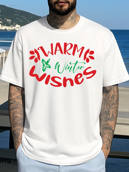 Men's Graphic T-Shirt Warm Winter Wishes With Green Holly Accents On Cozy Shirt