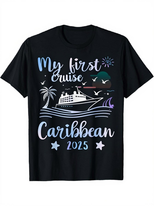 Men's Graphic T-Shirt My First Cruise Caribbean 2025 Palm Trees Waves Seagulls At Sunset With Large Ship