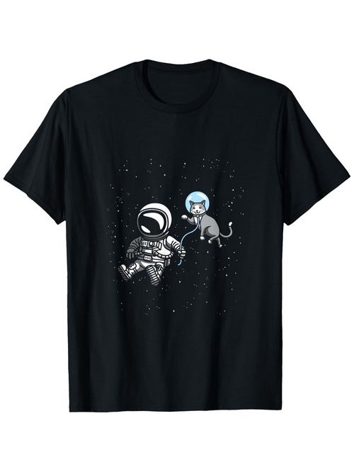 Men's Graphic T-Shirt Floating In Outer Space With A Playful Cat Astronaut