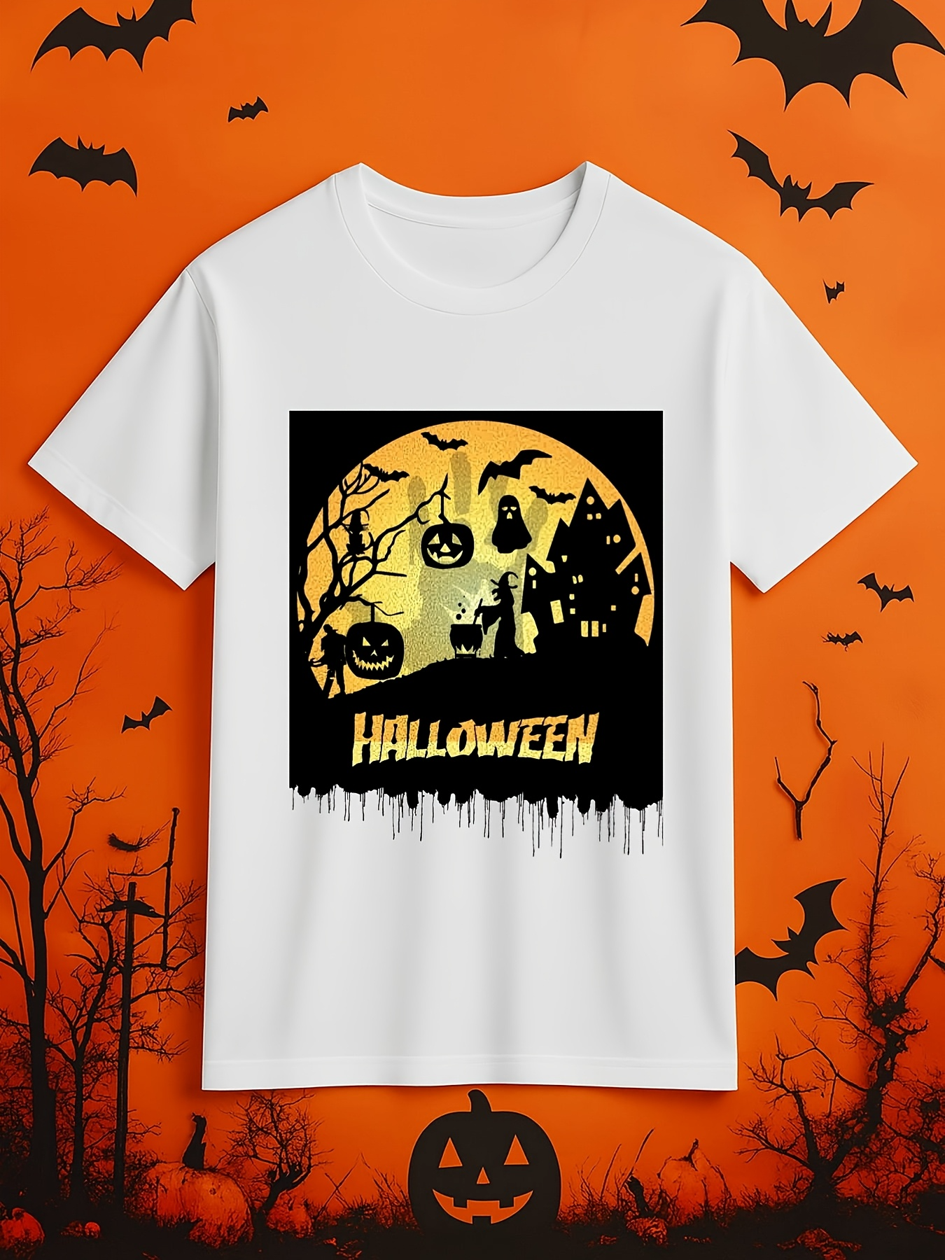Men's Graphic T-Shirt Halloween Night With Pumpkins And Haunted House Under Full Moon