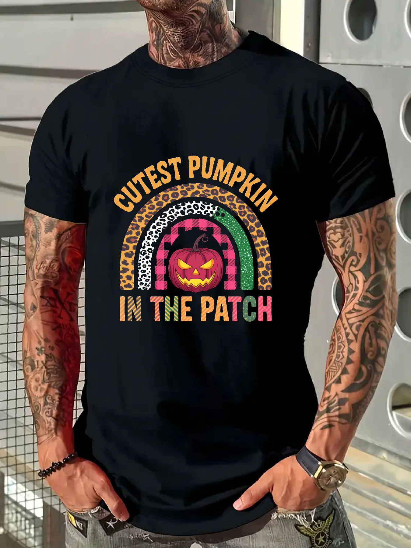 Men's Graphic T-Shirt Cutest Pumpkin In The Patch With Rainbow Heart Accents And Smiling Halloween Pumpkin