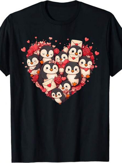 Men's Graphic T-Shirt Adorable Penguins With Envelopes Surrounded By Hearts In Heart Shape