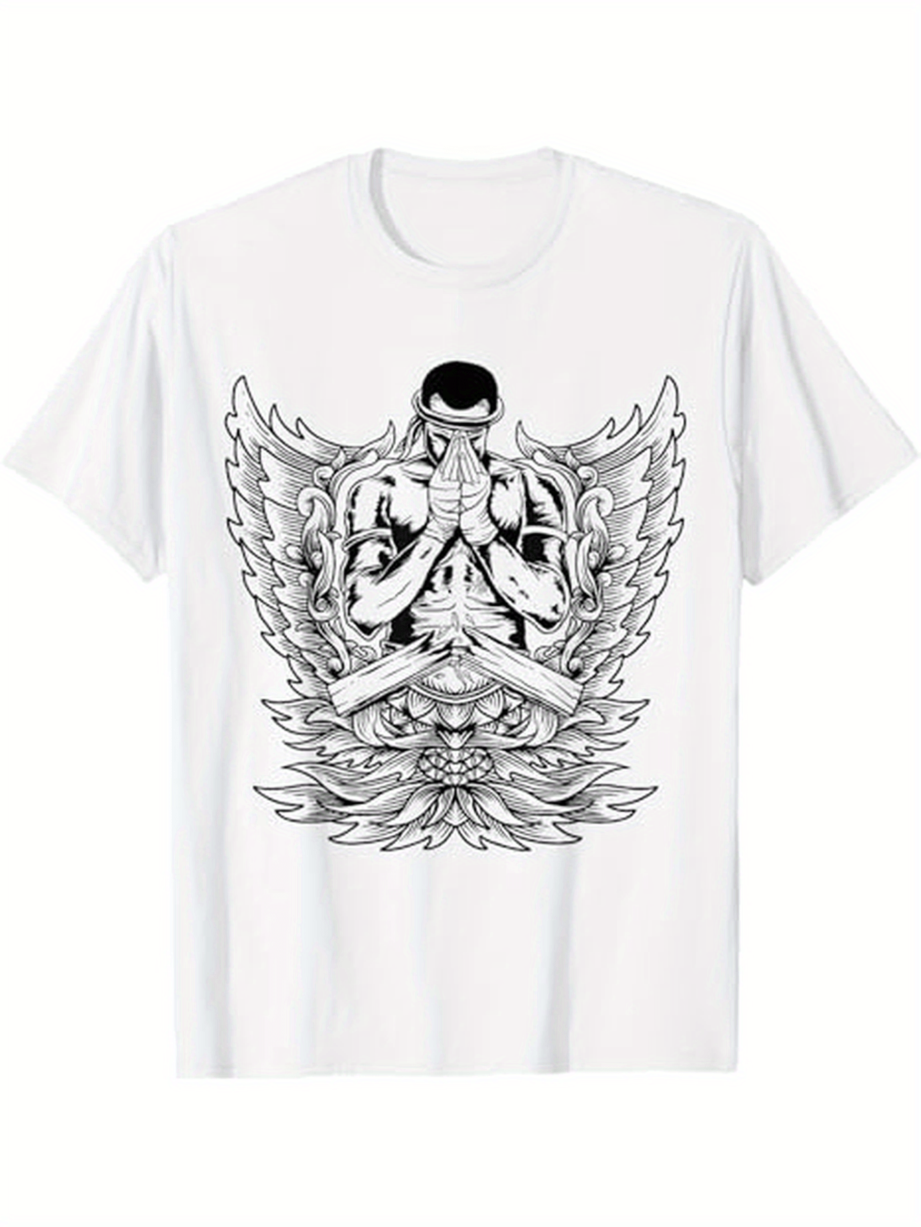 Men's Graphic T-Shirt Intricate Angelic Wings With Praying Warrior Surrounded By Feathers