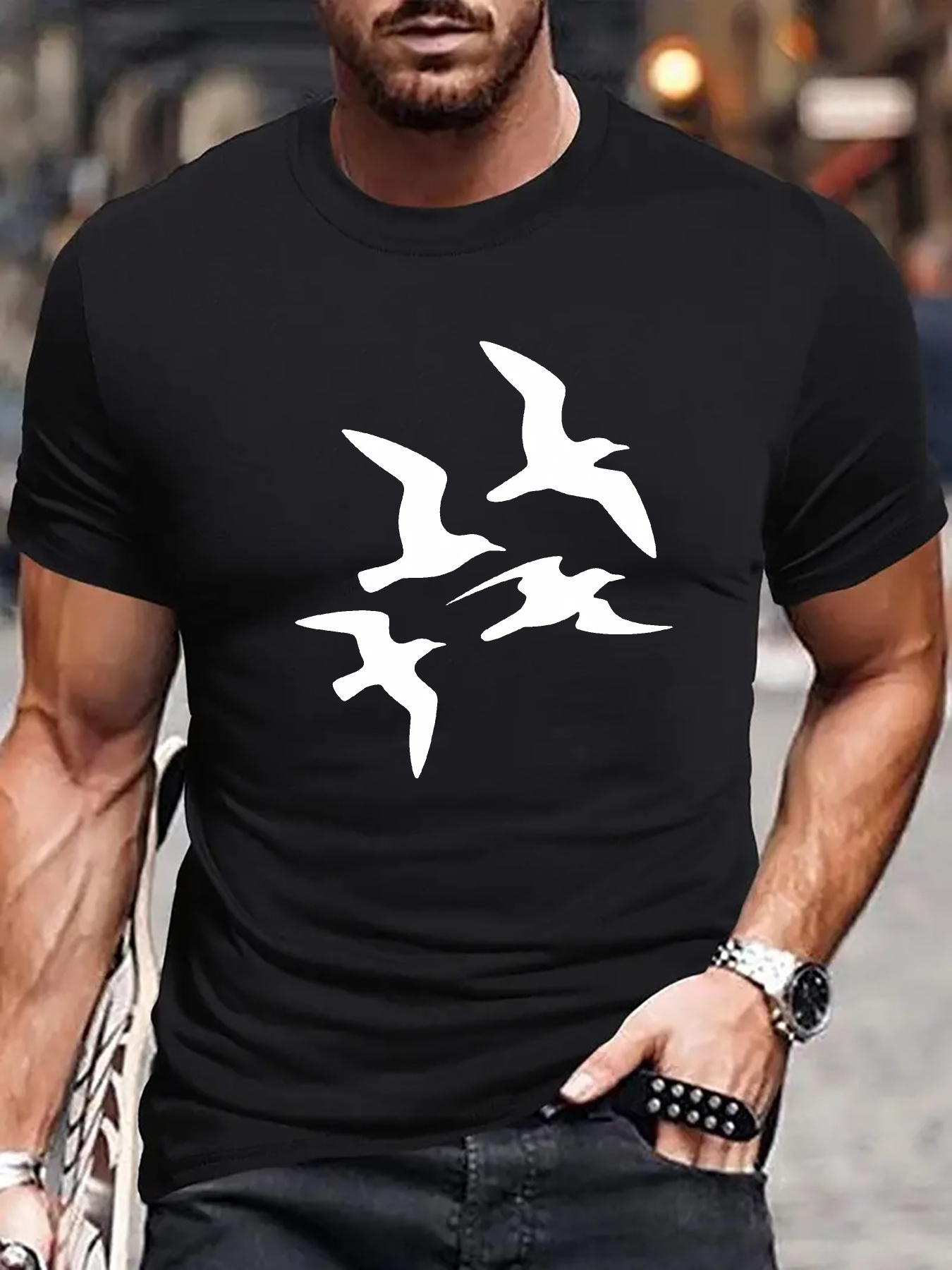 Men's Graphic T-Shirt Stylish Minimalist White Birds Flying Across Night Sky TShirt