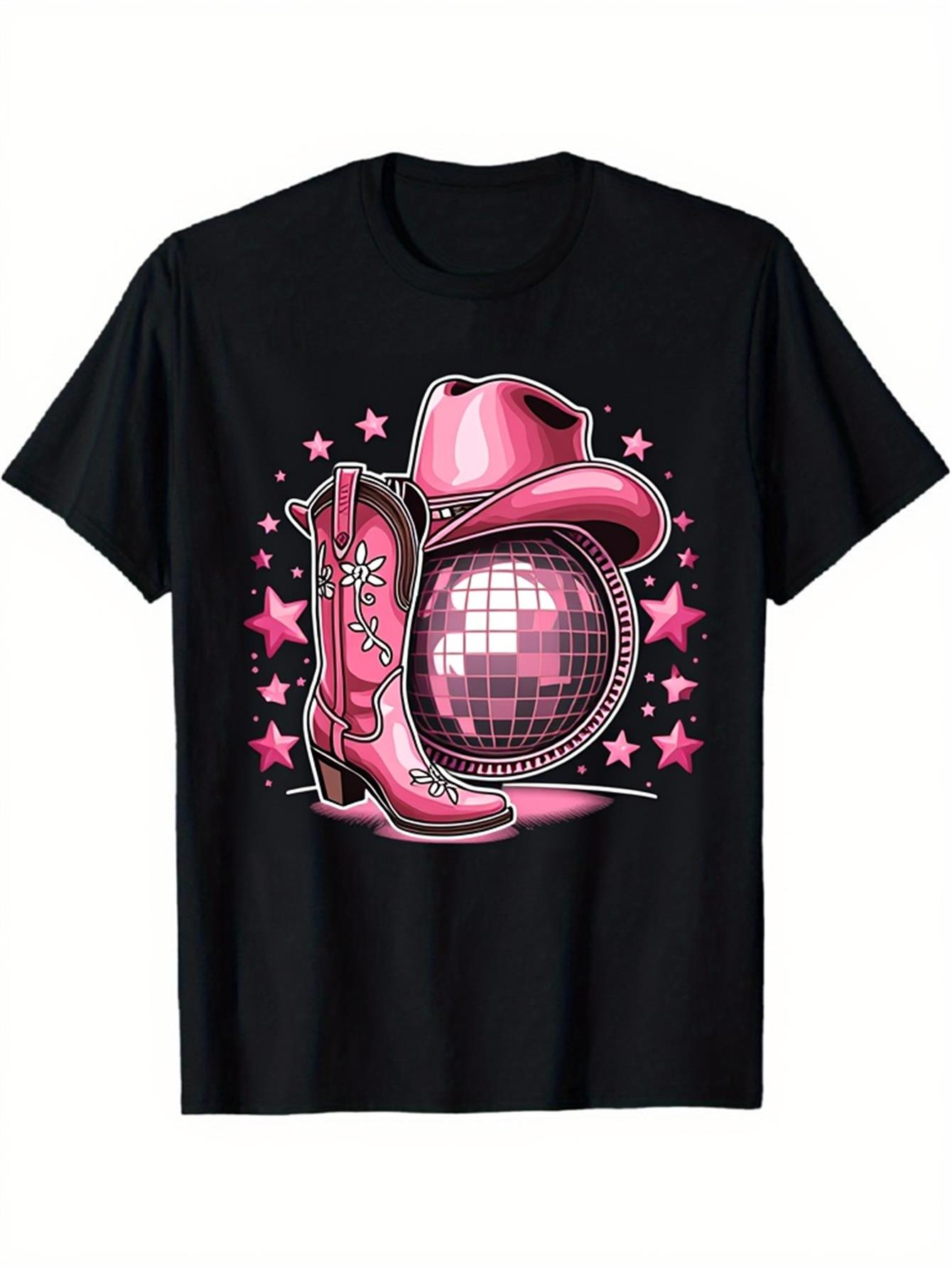 Men's Graphic T-Shirt Pink Stars Around Shiny Disco Ball With Cowboy Hat And Boot