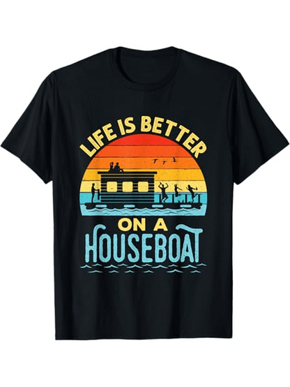 Men's Graphic T-Shirt Life Is Better On A Houseboat Silhouetted Trees At Sunset With Water Birds And Rippling Waves Houseboat