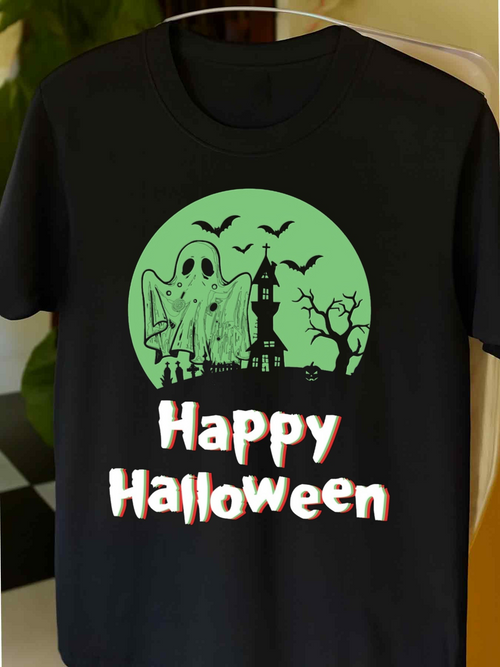 Men's Graphic T-Shirt Happy Halloween Glowing Full Moon With Ghost Haunted House Bats Tree