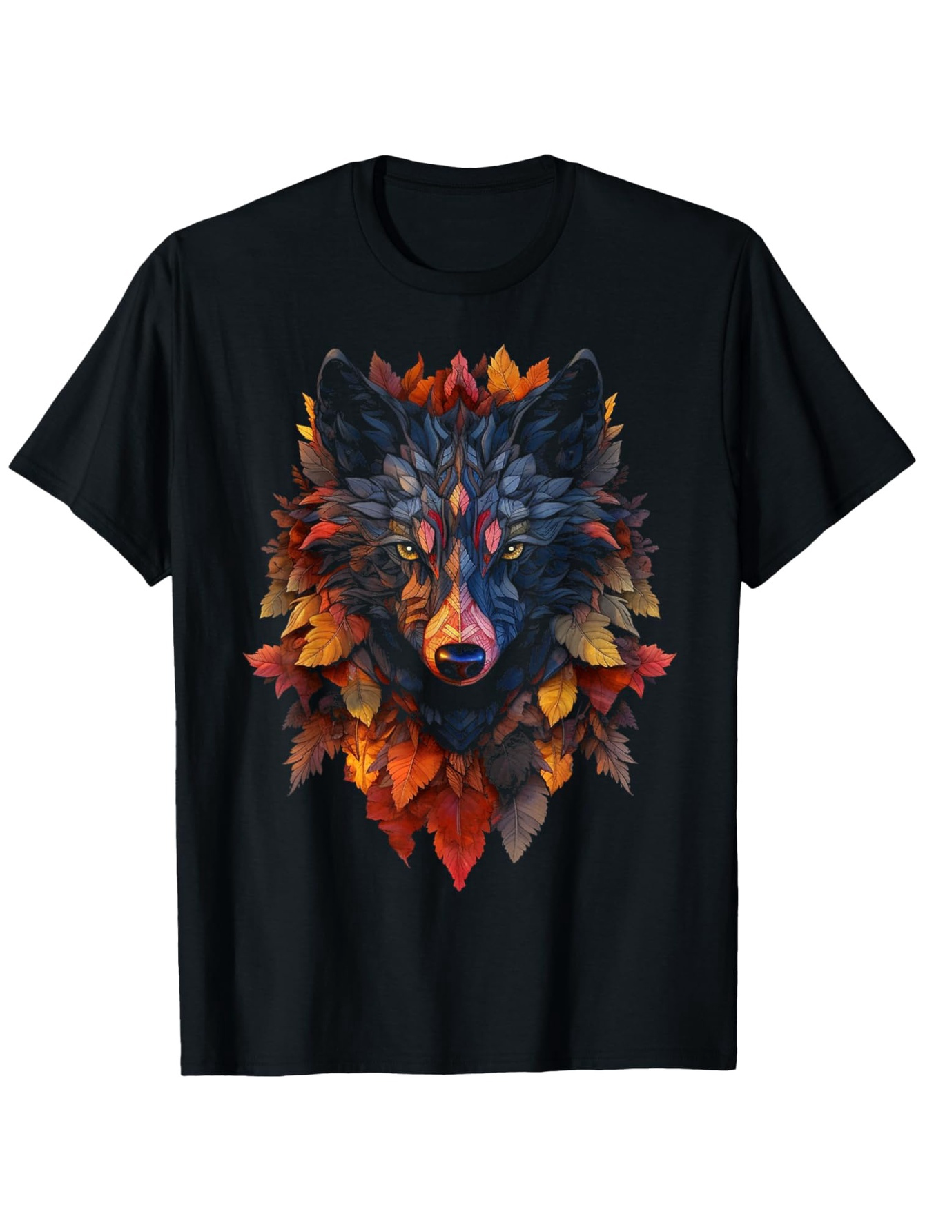 Men's Graphic T-Shirt Colorful Autumn Leaves Pattern Surrounding Fierce Wild Wolf Head