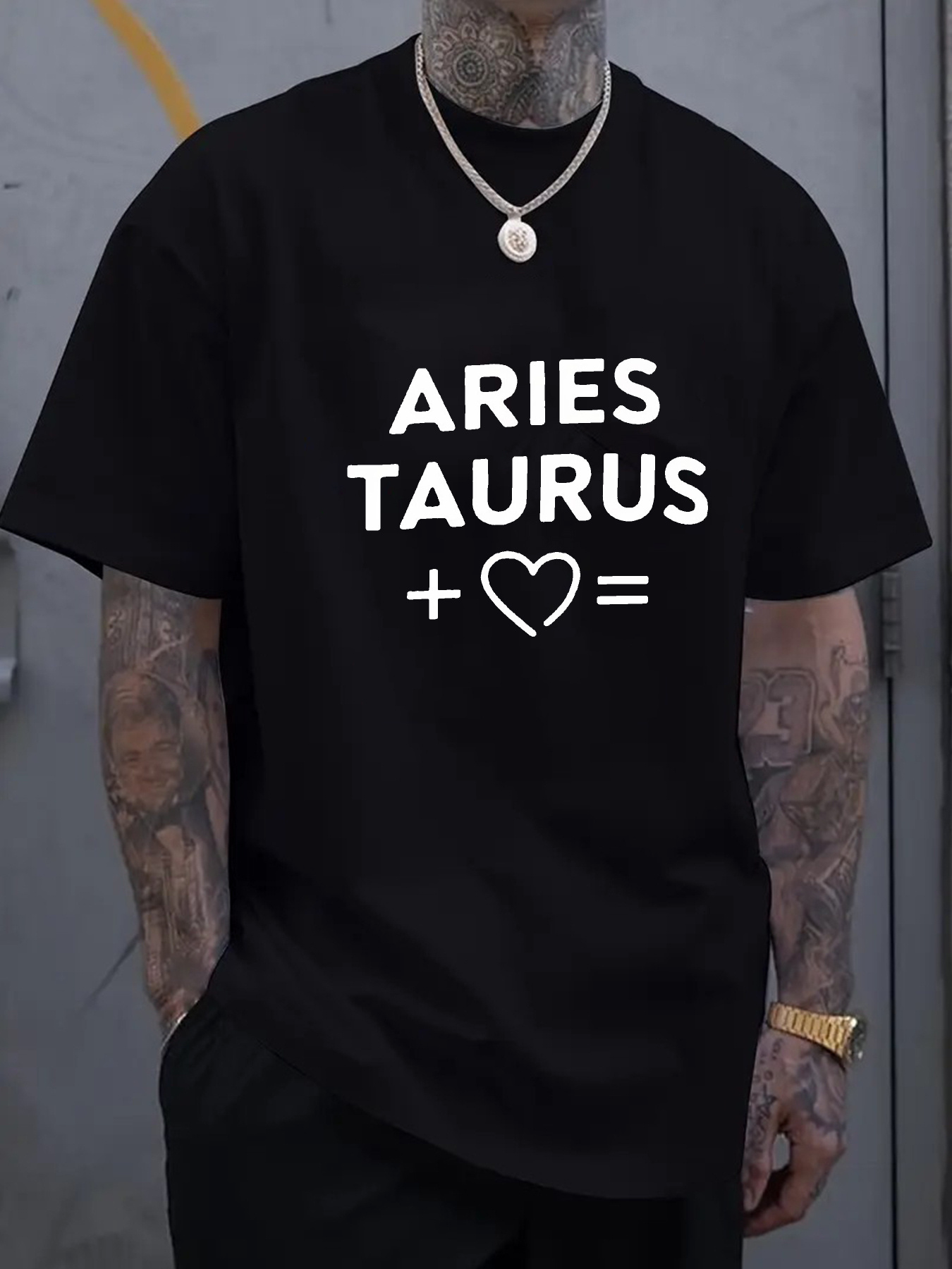 Men's Graphic T-Shirt Aries Taurus Love Heart Zodiac Black Tee